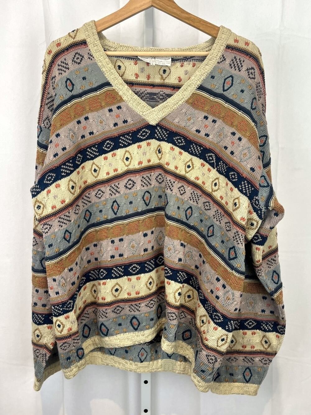 PERUVIAN CONNECTION VTG Pima Cotton Oversize Striped Sweater Handmade V Neck L